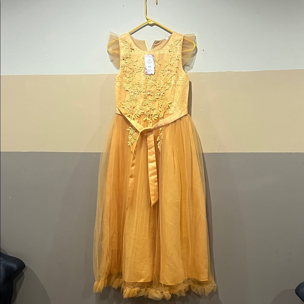 Girls Gold Floral Lace Tulle Party Dress – Size 160 (Youth 14–16)